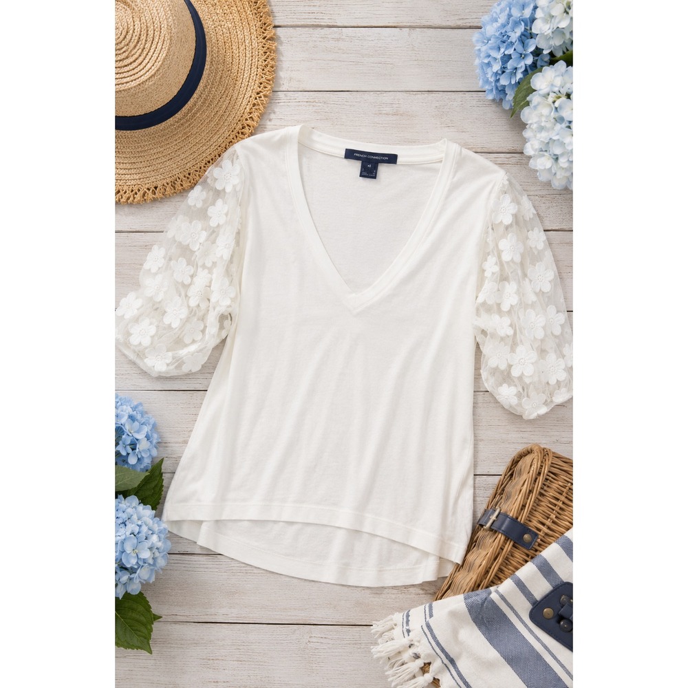 NWT Frenchβ Connection Shirt Embroidered Puff Sleeves , Linen White, Extra Small
